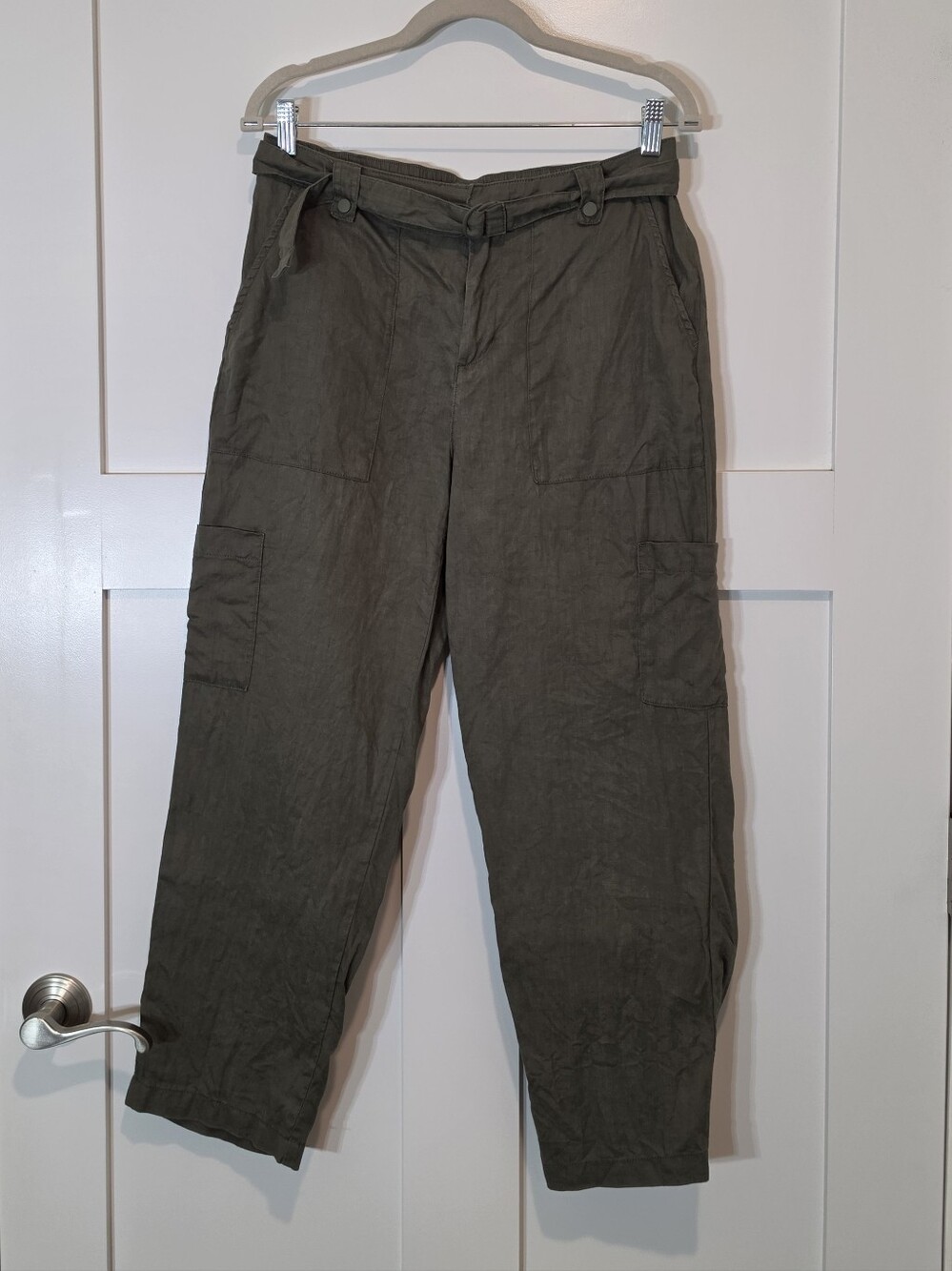 Nicole Miller Linen Cargo Ankle Pants Rear Stretch Olive Green Medium Like New
